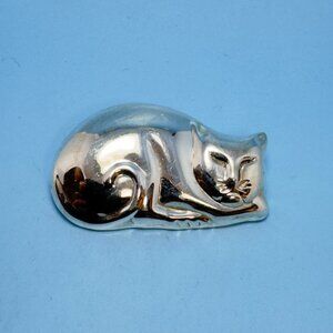 VTG Solid Sterling Silver 925 Puffed Sleeping Cat Brooch Size 1.5'' Length